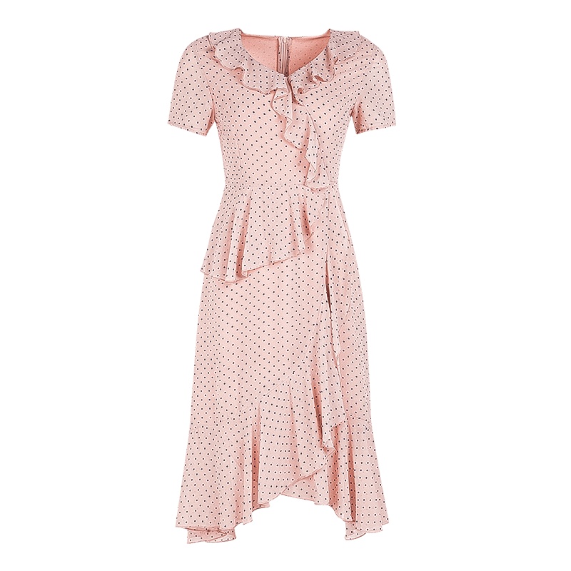 晩白 新品优雅波点修身显瘦V领短袖荷叶边淑女雪纺连衣裙