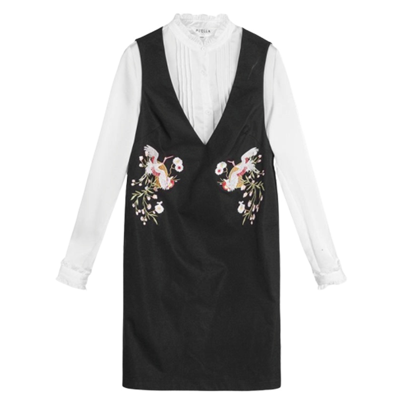 【专柜同款】法国小众连衣裙2018春装新款长袖雪纺衬衫v领刺绣背带裙两件套女20011655