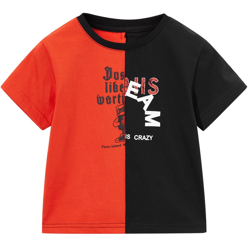太平鸟童装男童短袖T恤红与黑撞色拼接儿童半袖体恤夏装新款