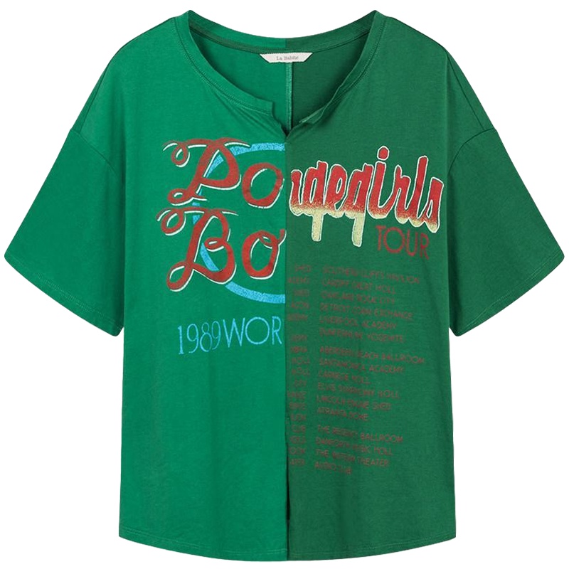 拉夏贝尔绿色短袖T恤女夏装新款韩版宽松个性半袖上衣打底衫ins潮