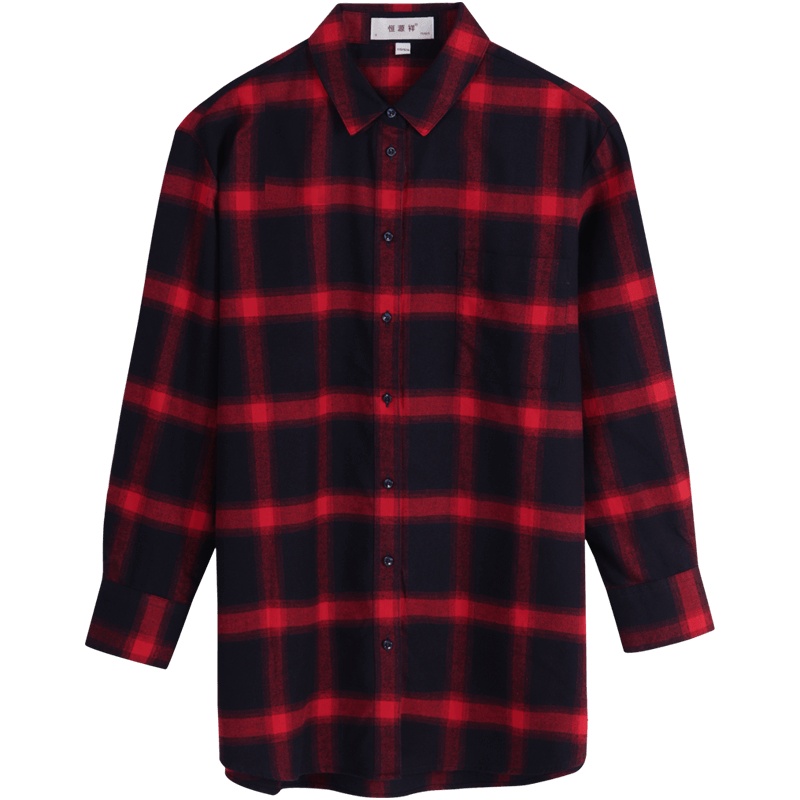 恒源祥磨毛红黑格子衬衫女外套2020早春新款长袖bf宽松复古衬衣潮