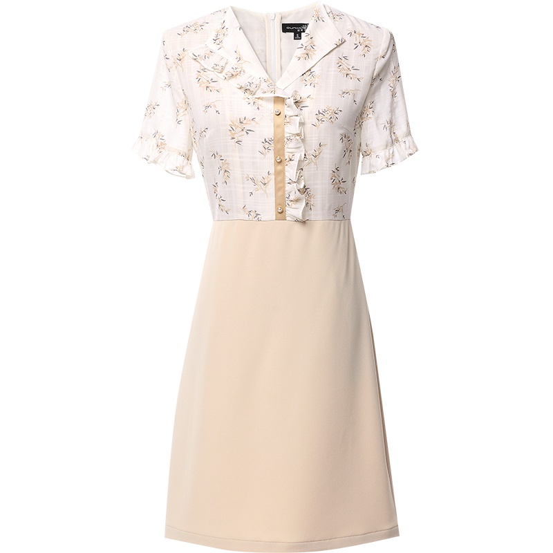 欧昵雪夏木耳边V领拼接高腰假两件碎花雪纺连衣裙女短袖