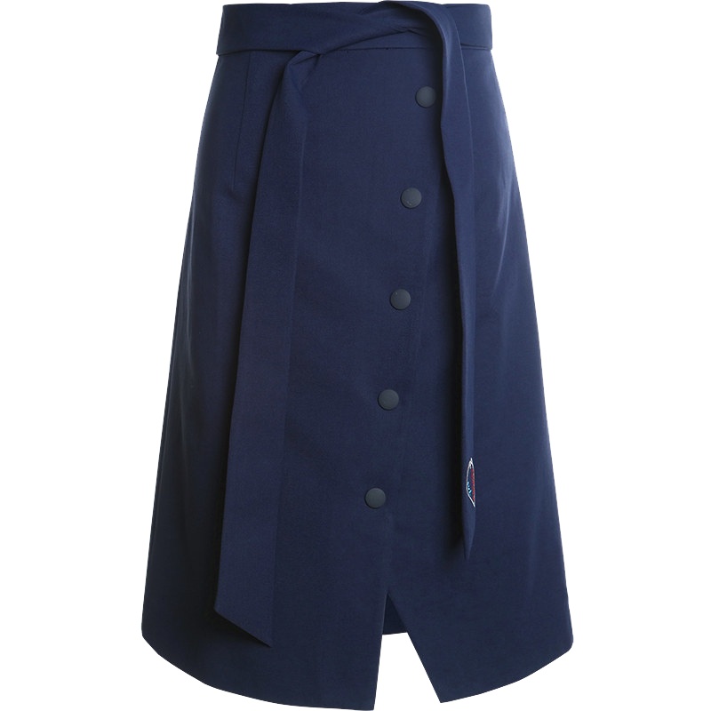 欧昵雪蝴蝶结绑带单排扣半身裙个性不规则高腰开叉裙中裙