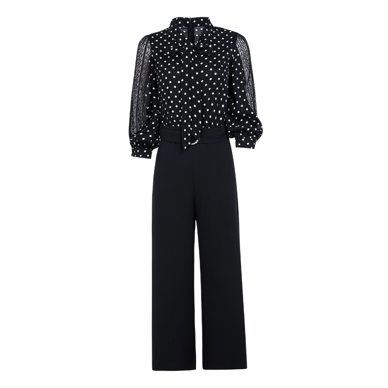 晚白2019秋季新品假两件系带领波点衬衫收腰显瘦阔腿裤连体裤女