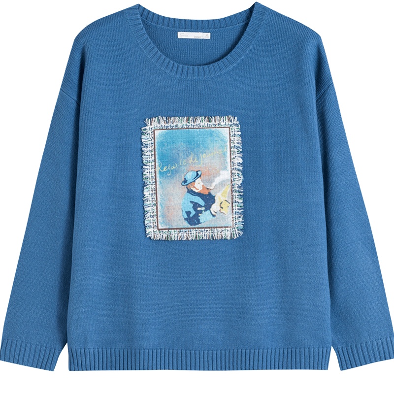 茵曼2019秋装新款圆领可爱卡通印花毛衣女休闲文艺范上衣自拍神器