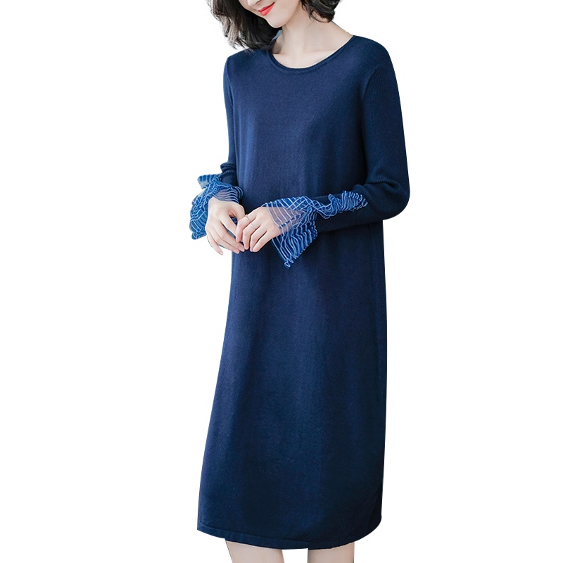 丝柏舍秋季2019女士时尚纯色圆领长袖中长款连衣裙S93D0028L