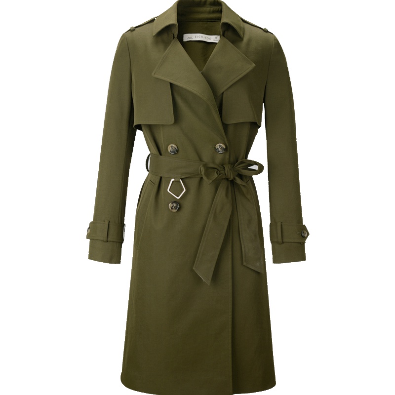 2019爱居兔春秋女装时尚深绿中长款风衣