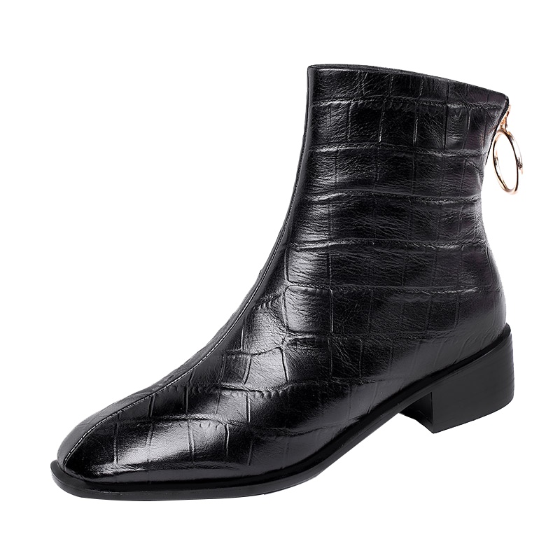 Kmioo J19S016骑士短靴女粗跟2019秋冬新款真皮方头后拉链短筒平底中跟马丁裸靴