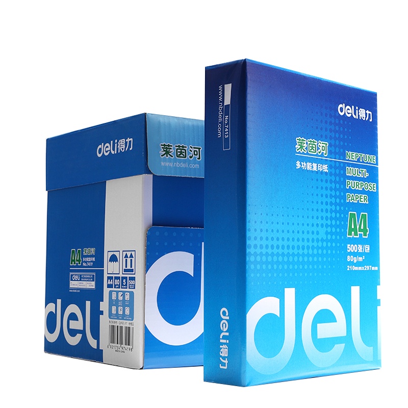 得力deli复印纸7419莱茵河打印复印纸A4纸整箱80g打印白纸5包 共2500页