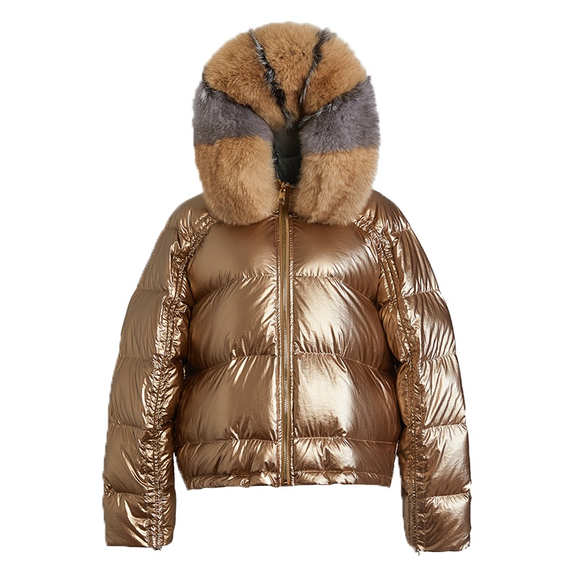 鸭鸭 90鸭绒双面拼色超大狐狸毛领羽绒服短款女冬季新款双面穿短款毛领羽绒服