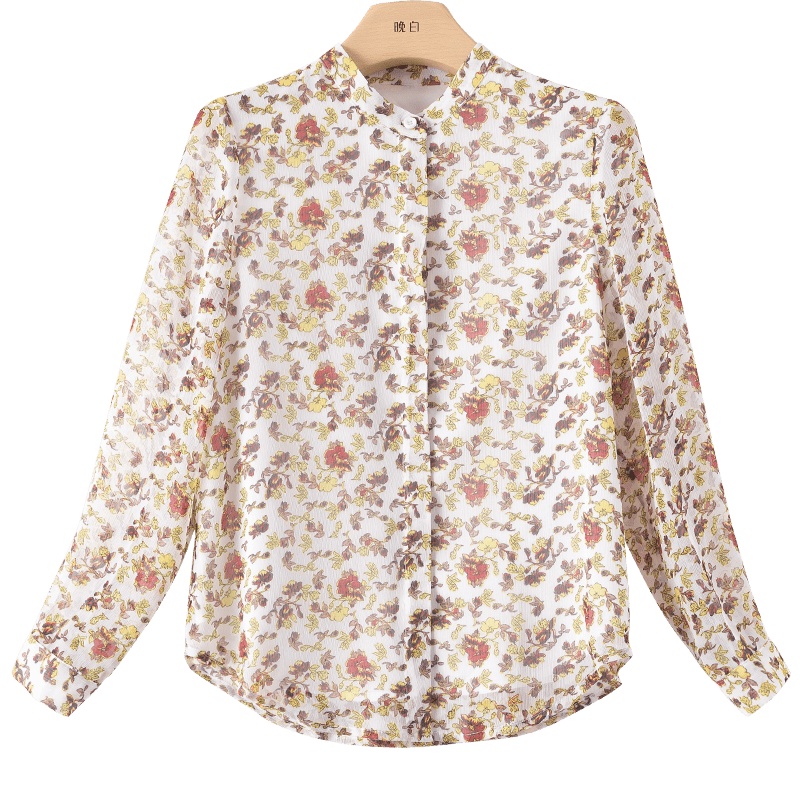 晩白 2020春新品时尚通勤印花简约立领单排扣长袖雪纺衫衬衫衬衣女