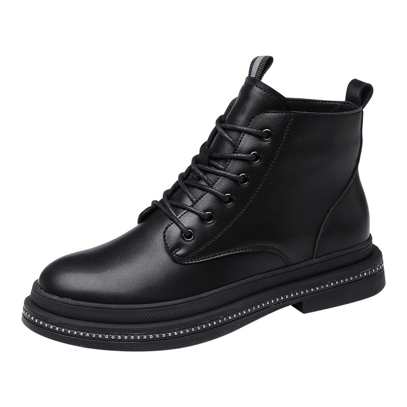 PLAYBOY/花花公子秋冬季加绒休闲韩版鞋边亮钻系带圆头粗跟时尚网红马丁机车短靴女K12299212