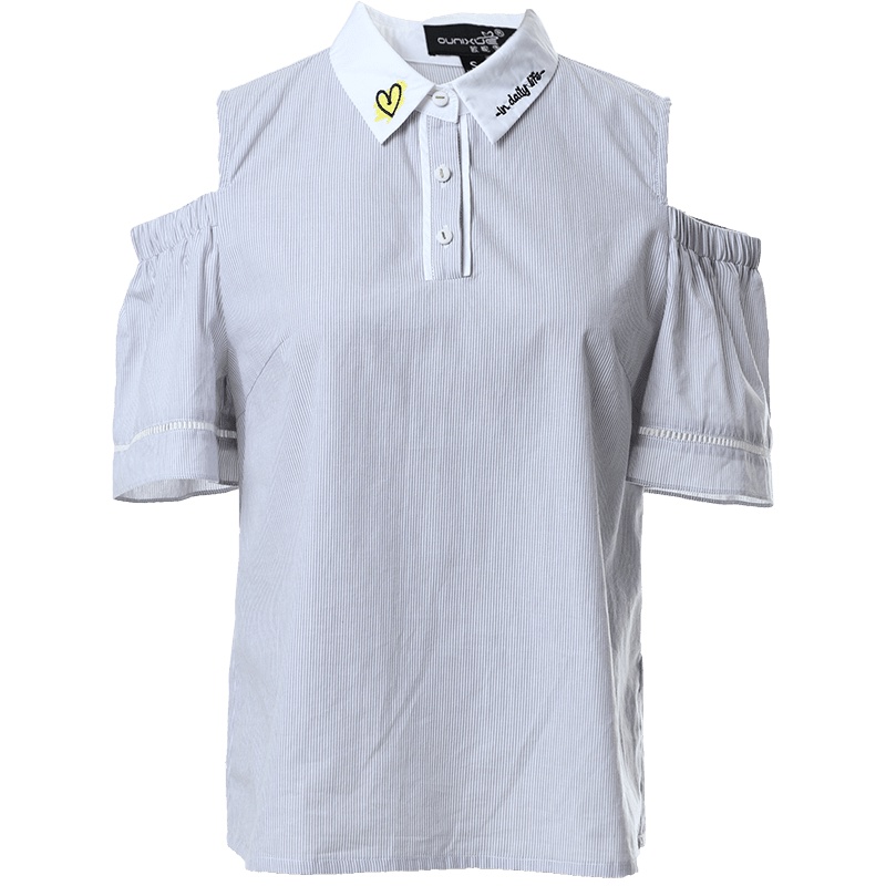 欧昵雪 夏polo领字母绣花套头衬衫女漏肩上衣短袖露肩OL条纹衬衣X