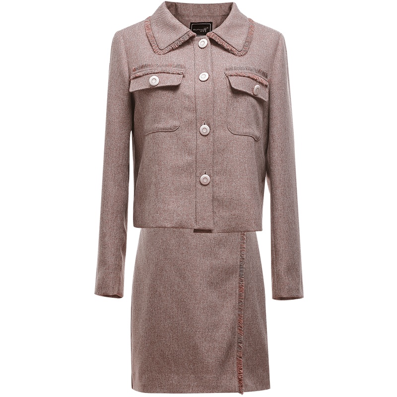 欧昵雪小香翻领短款外套女+高腰A字半身裙两件套装