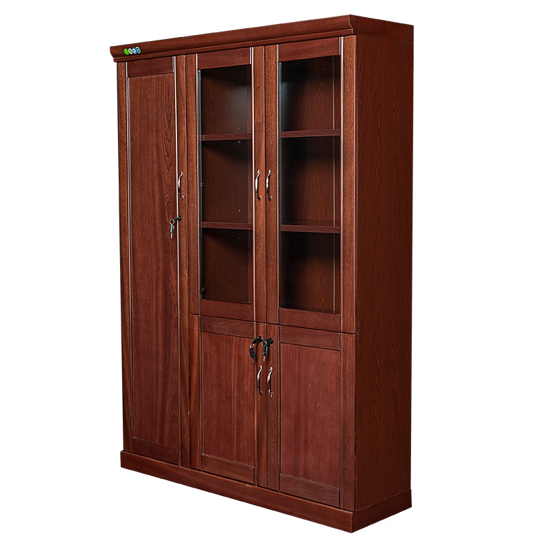 【红心家居】贴木皮油漆3门书柜带锁办公文件柜资料柜玻璃门书柜