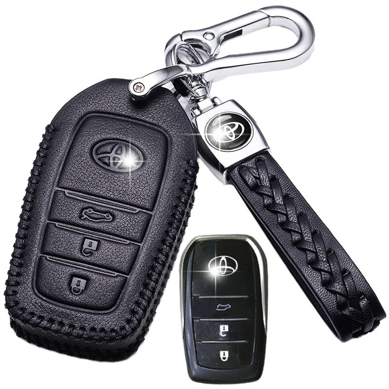 舒适主义2019款丰田汉兰达凯美瑞卡罗拉RAV4荣放亚洲龙汽车皮钥匙套包扣 丰田A款黑色智能三键+绳扣汽车钥匙扣