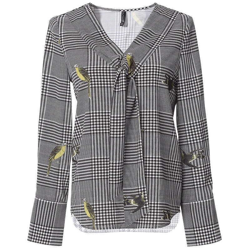 欧昵雪秋季韩版气质V领系带小鸟印花格子衬衫女长袖衬衣