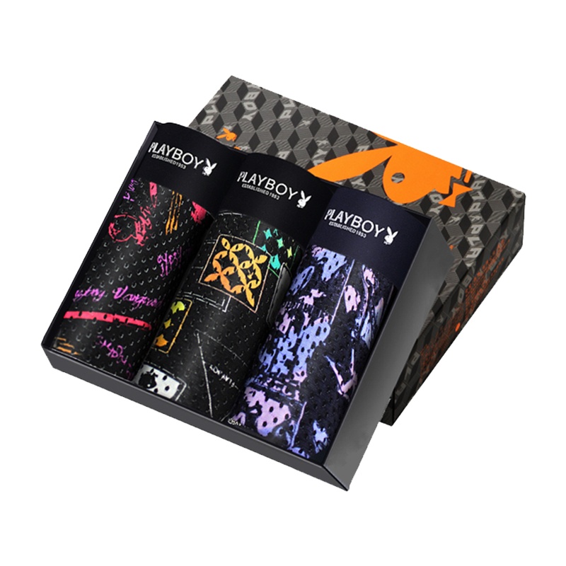 花花公子内裤男士内裤男平角四角裤冰丝网眼中腰时尚印花四角短裤头男裤衩潮5376-3条礼盒装