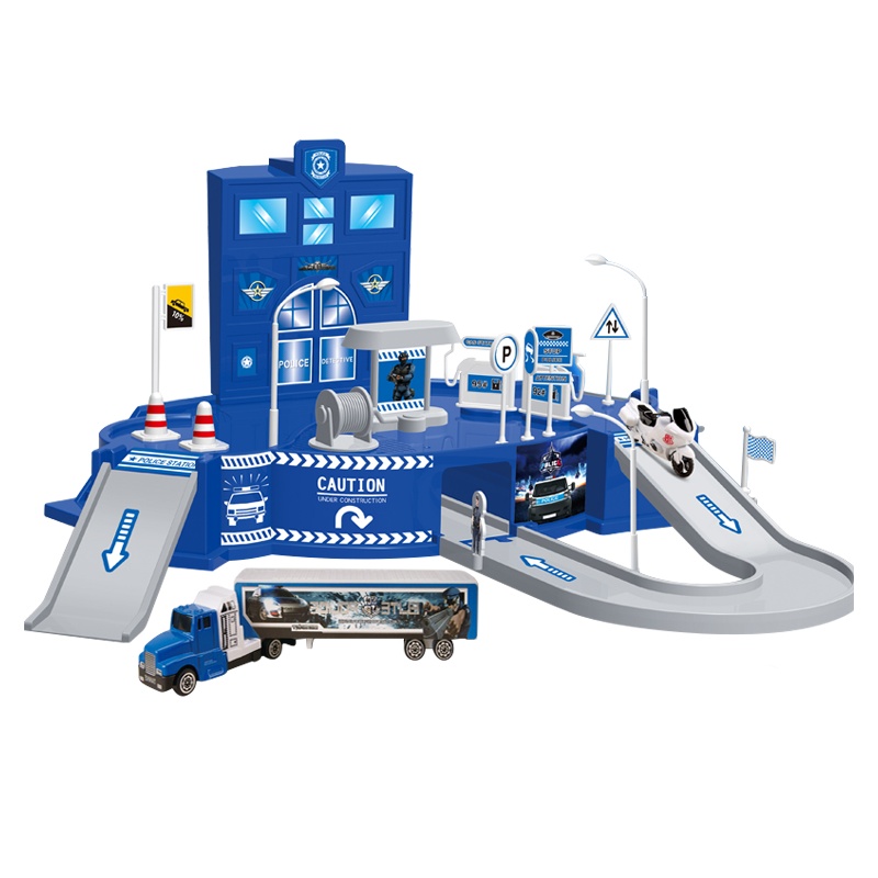 成乐美Q版停车场轨道电动套装合金车消防警察工程小火车男孩玩具(95577-13警察系列:大号停车场五小车)
