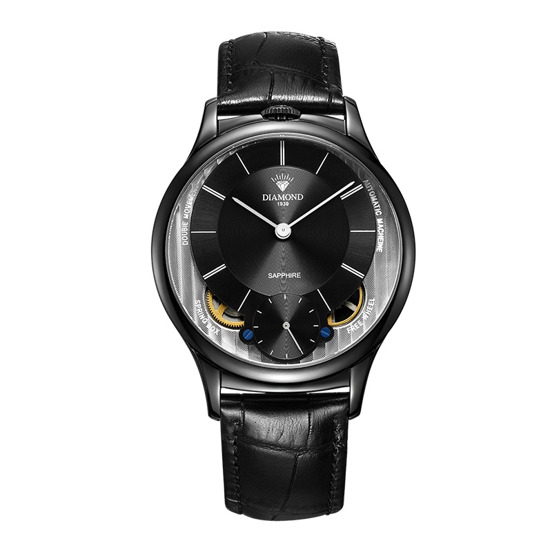 上海钻石牌手表机械男表双表盘精钢钻石手表黑盘黑面黑皮款