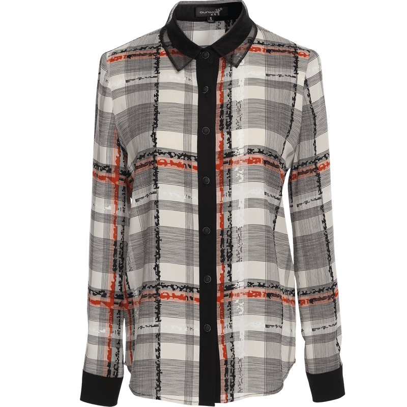 欧昵雪秋装网纱拼接衬衫女长袖格子衬衣休闲小衫上衣