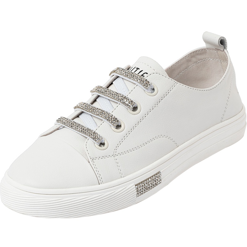 百田森秋季新款网红小白鞋女真皮时尚钻饰洋气板鞋百搭平底