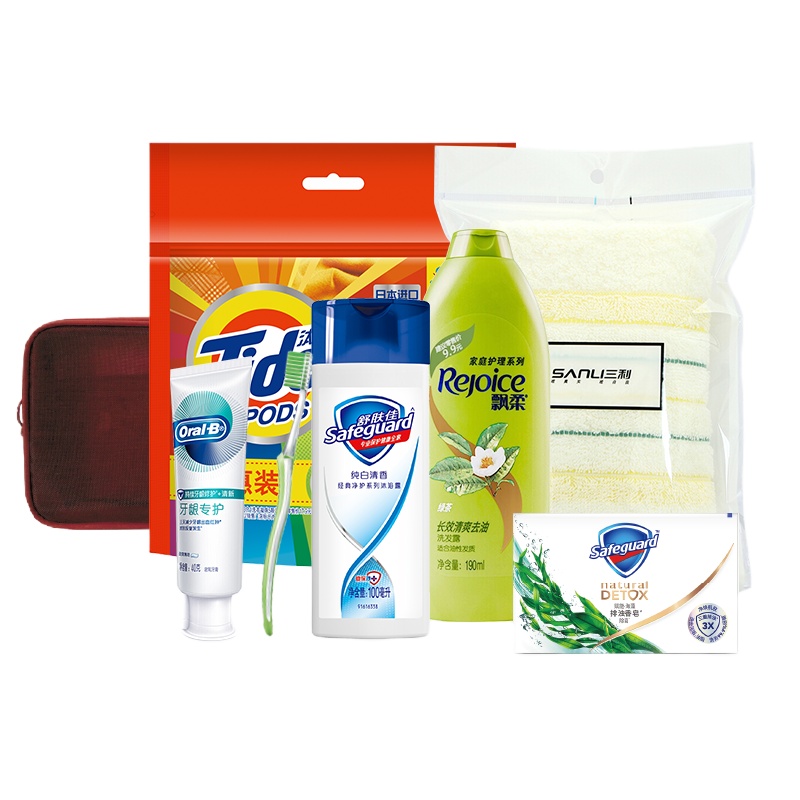 宝洁商务旅行系列 · 劲爽无敌组合(洗发露、牙膏、牙刷、沐浴露、漱口水或香皂、洗衣凝珠、三利毛巾)