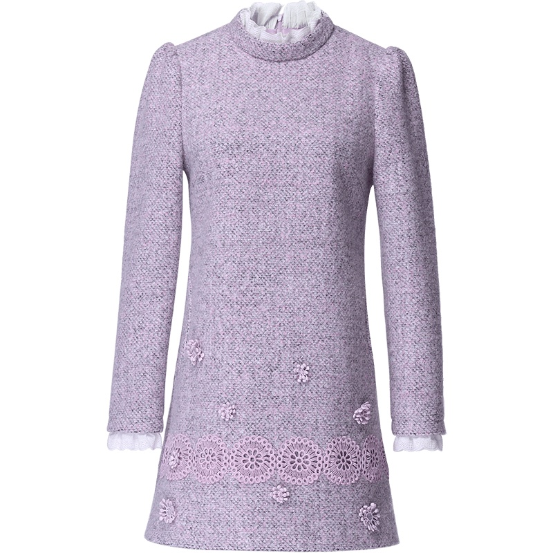 欧昵雪秋冬立领木耳花边长袖镂空绣花毛呢连衣裙女短裙