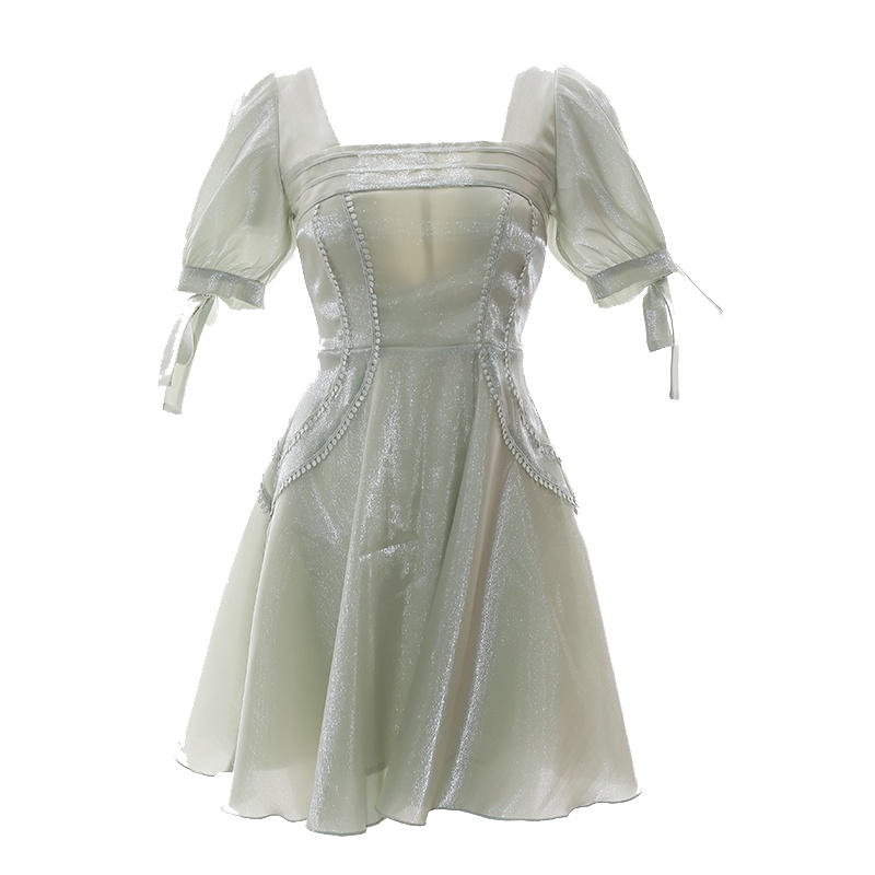 2019新款夏名媛气质方领蝴蝶结小清新纯色短袖收腰连衣裙