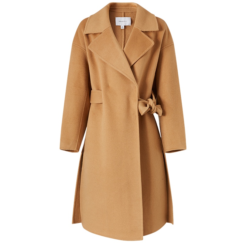 羊毛混纺MECITY女装21春季新款商务风收腰系带纯色毛呢大衣女