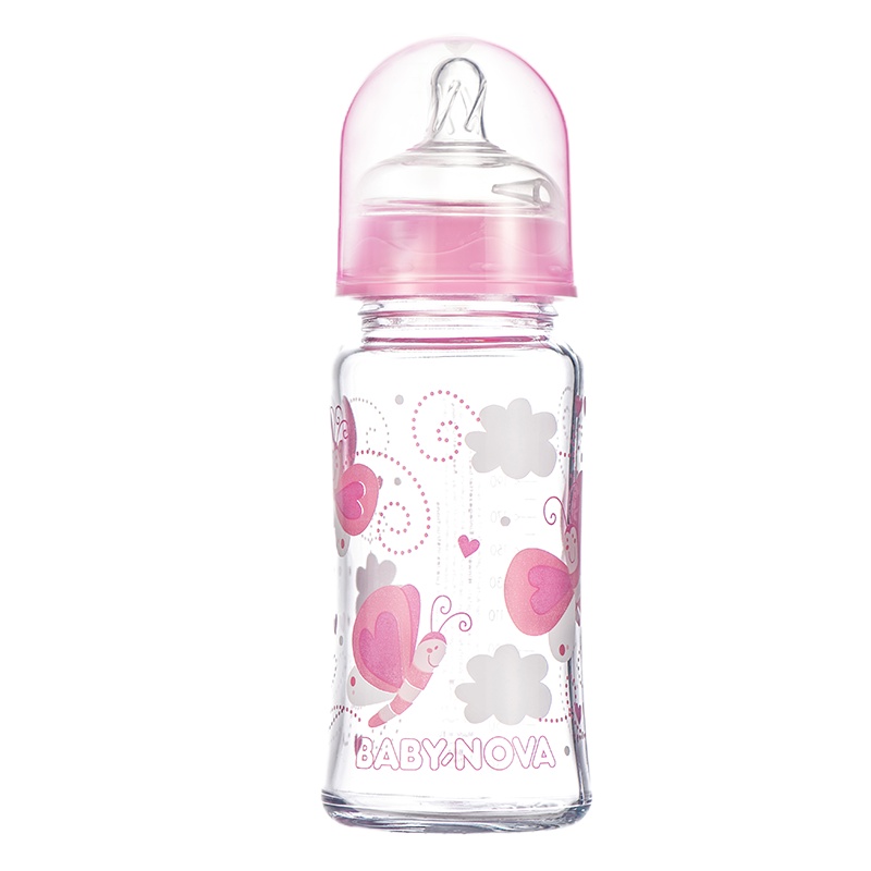 Baby-Nova婴乐之星婴儿宽口玻璃奶瓶-230ml(81008- 粉红蝴蝶)