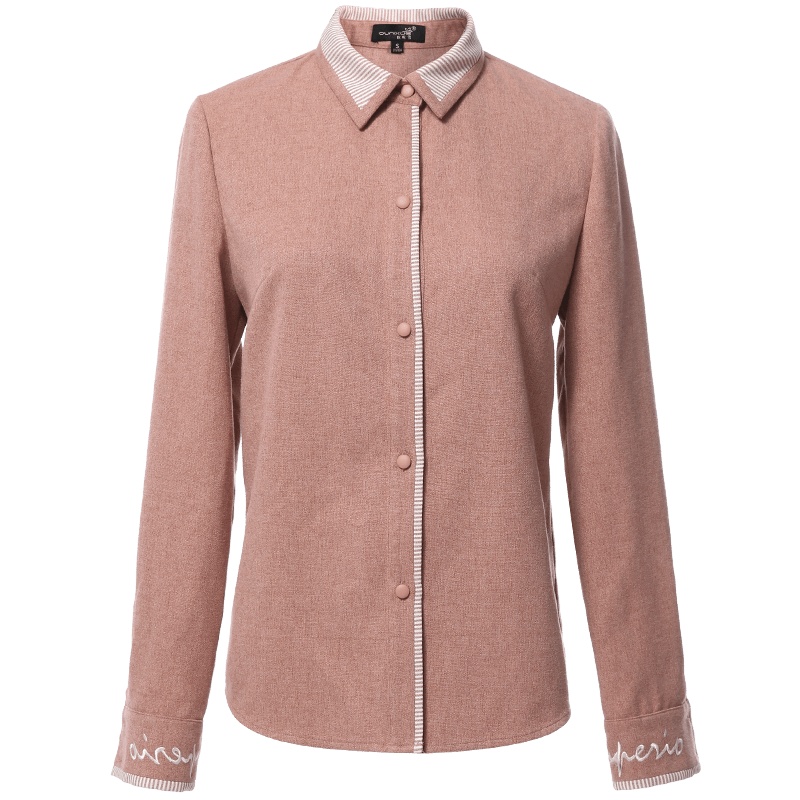 欧昵雪通勤OL条纹翻领字母绣花长袖口显瘦衬衫女上衣