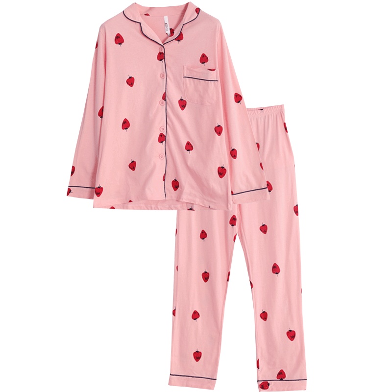 红豆居家(Hodohome)新款女士纯棉睡衣女式翻领草莓印花甜美可爱长袖可外穿家居服套装