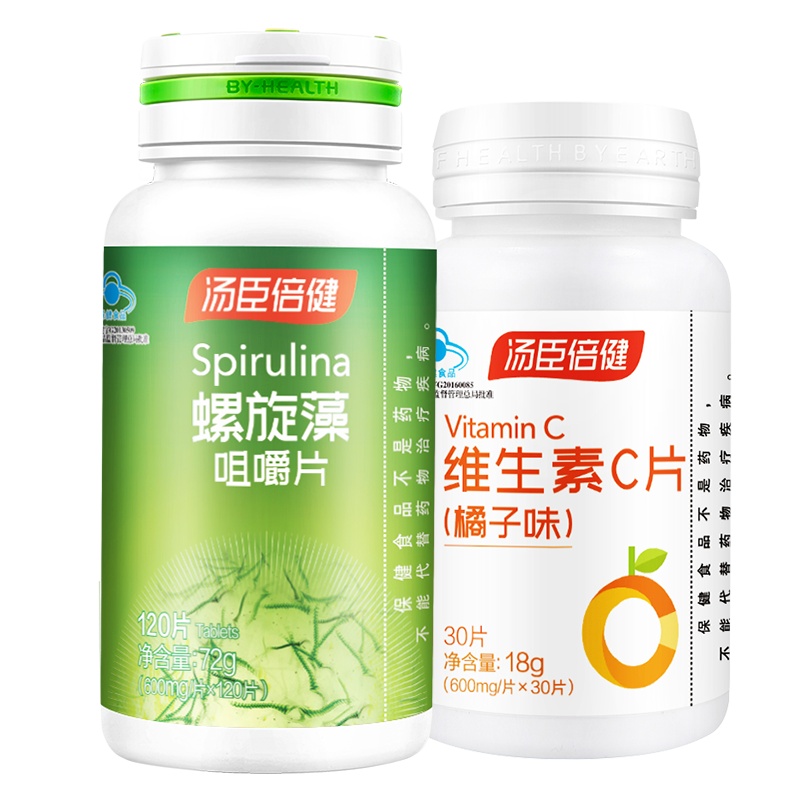 共150粒]汤臣倍健(BY-HEALTH)螺旋藻咀嚼片72g/瓶 120片 赠维生素C30粒*1瓶 螺旋藻