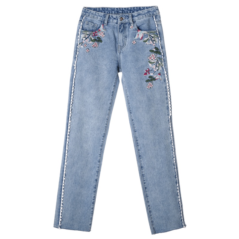 裂帛刺绣修身九分裤新款收腰小脚纯棉学生显瘦牛仔裤