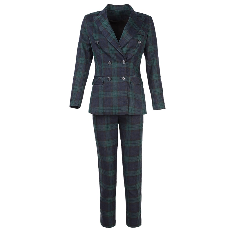 晚白 2020春新品英伦范格子套装修身显瘦西装外套高腰西裤两件套女