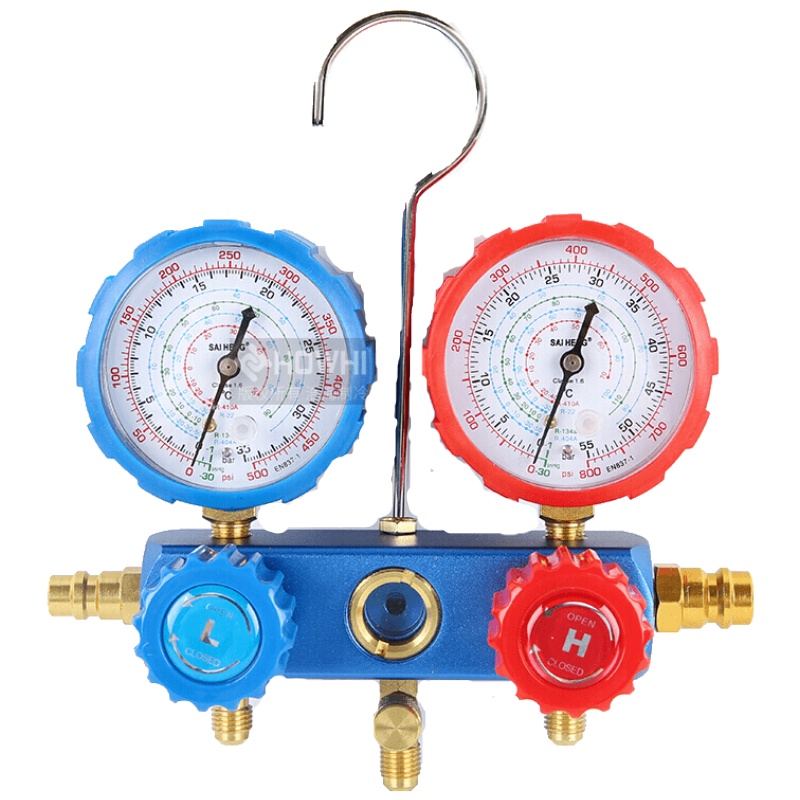 汐岩空调加氟表 雪种压力表冷媒双表阀家用维修工具R12 22 R134A R410 油表双表架+塑盒