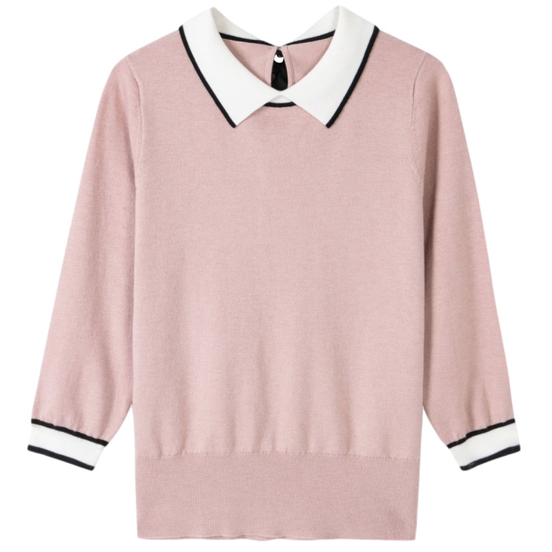 拉夏贝尔针织打底衫女2021春季新款蝴蝶结学生上衣内搭娃娃领毛衣