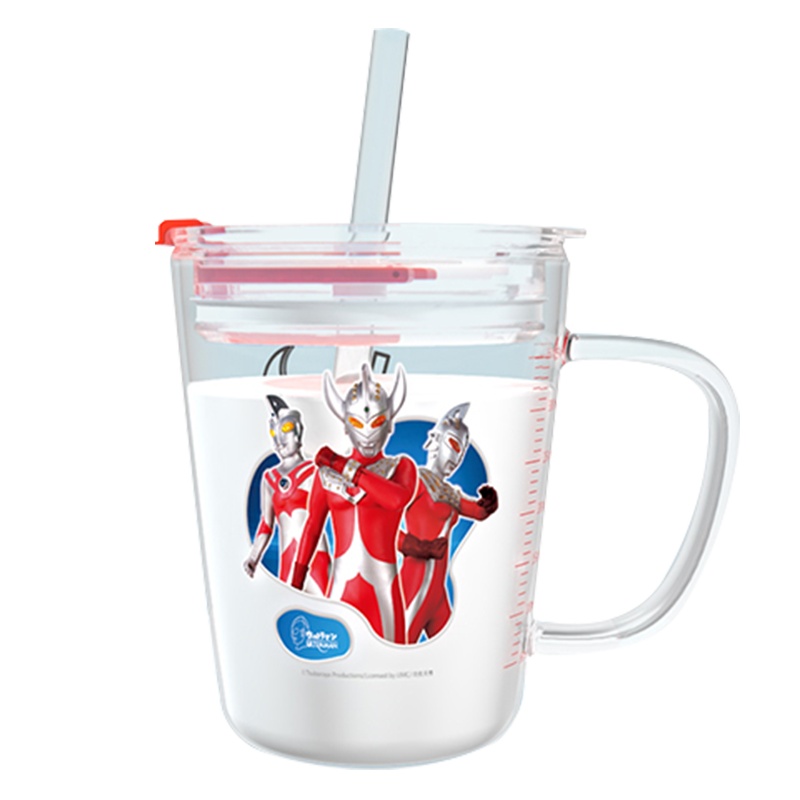 苏宁宜品正版授权奥特曼卡通高硼硅玻璃带刻度牛奶水杯可明火微波加热带吸管刻度杯子泰罗赛文初代奥特曼组合款