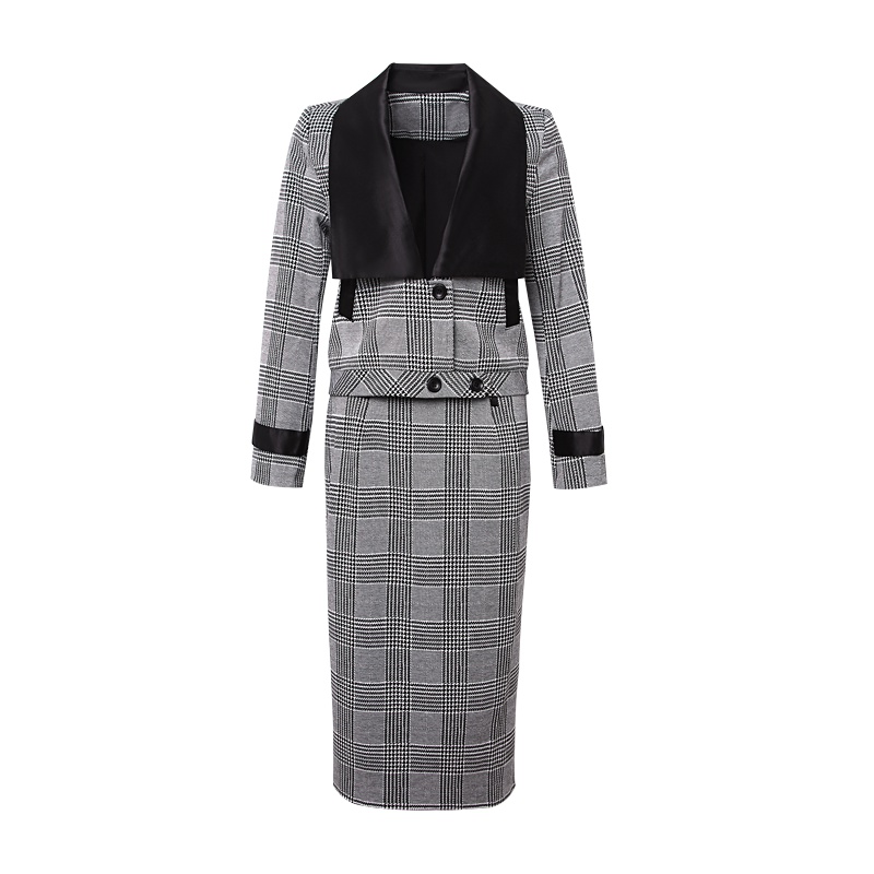 晩白 新品套装裙复古格纹翻领外套高腰包臀裙职业两件套女