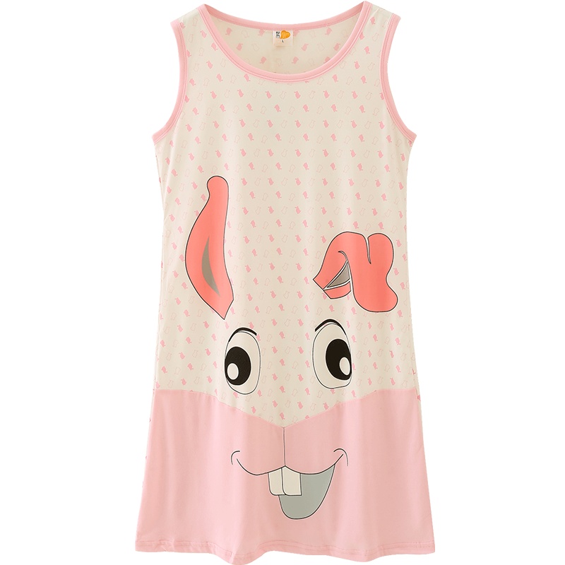 都市丽人可爱卡通兔子印花圆领薄款休闲无袖女士家居服睡裙1H8605