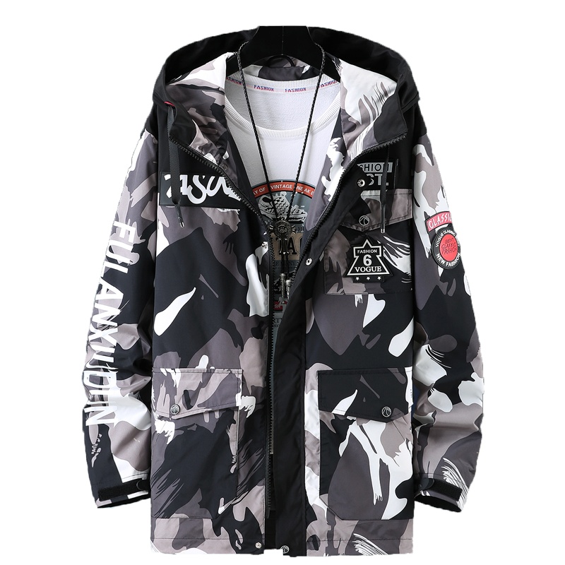 PMMP大码中长夹克秋季男士新款加肥加大迷彩运动中长外套风衣简约上衣