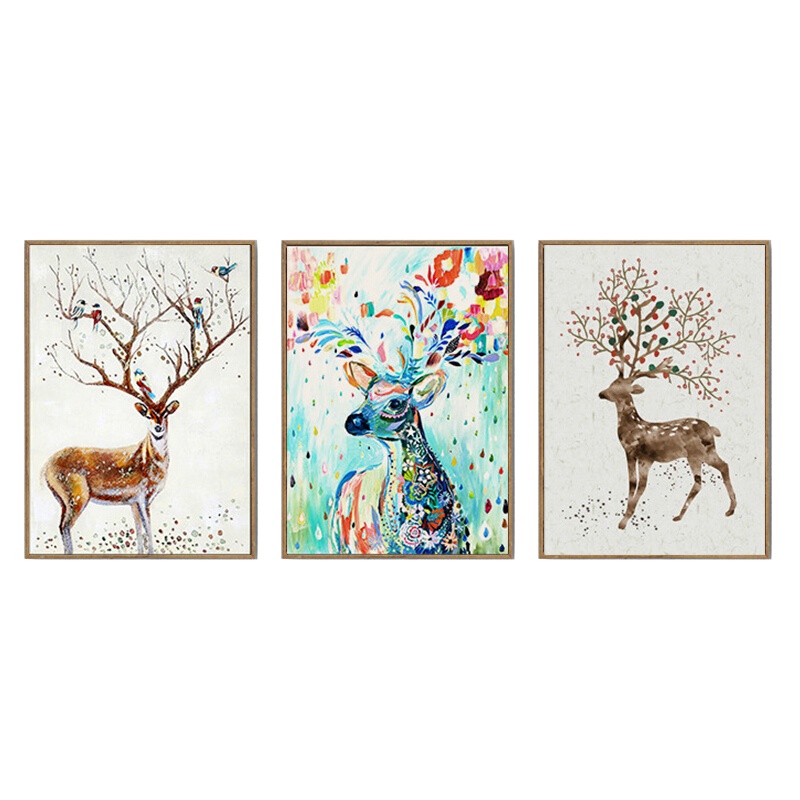 墨斗鱼 装饰画三联幅60*80麋鹿3194 发财鹿客厅画沙发背景墙画卧室餐厅床头背景墙挂画北欧简约有框壁画