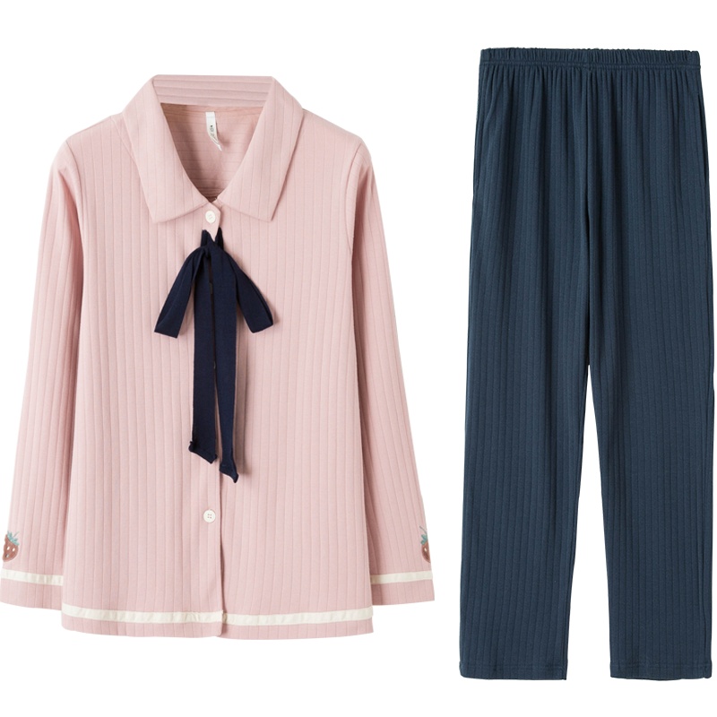 纯棉双面针织抽条素色衬衫领长袖女套装