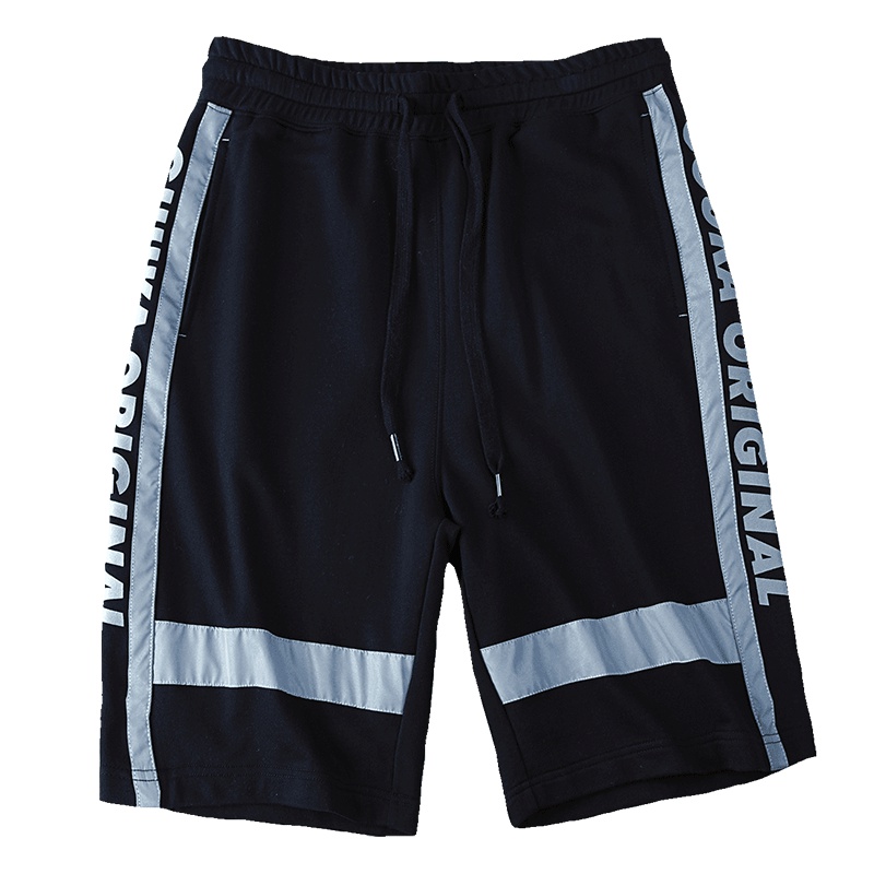 Guuka黑色运动短裤男潮牌 学生印花嘻哈反光条直筒跑步五分裤宽松