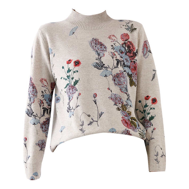 圣妮曼印花羊毛衫秋冬半高领套衫羊毛针织