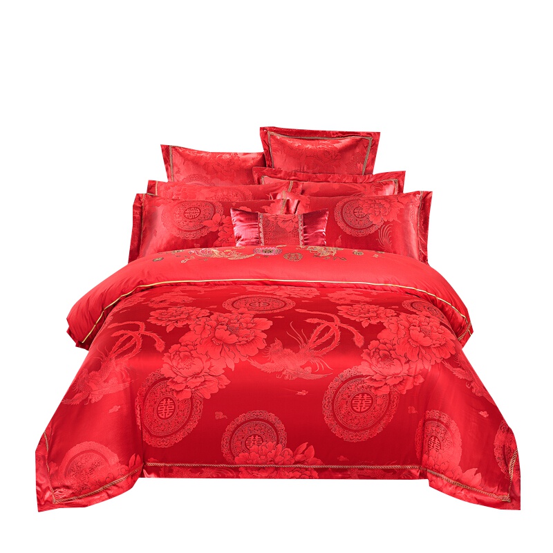 北极绒(Bejirog) 纯棉斜纹提花婚庆四件套龙喜凤鸣全棉结婚套件床上用品 双人床单被套200*230cm