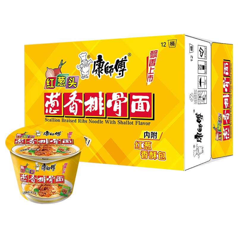 康师傅 方便面 红葱头葱香排骨面 12入桶装泡面整箱装