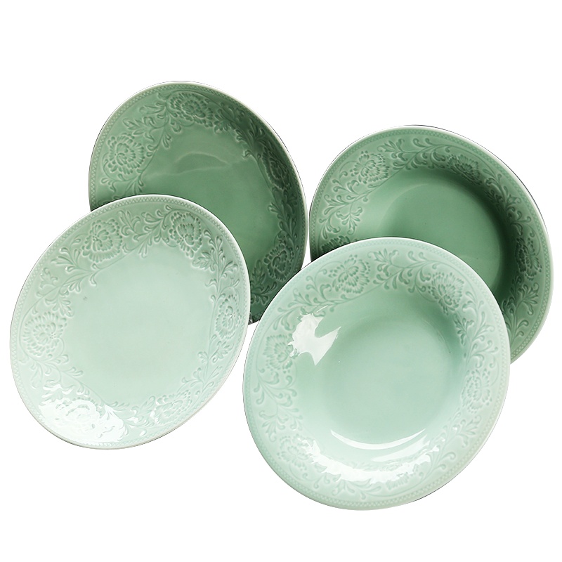 苏氏陶瓷 SUSHI CERAMICS 青瓷釉陶瓷盘花开富贵汤盘子4件套装餐具