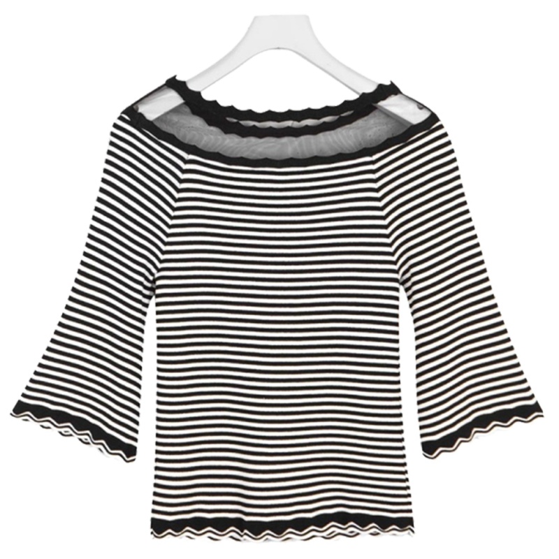 【专柜同款】Puella五分袖针织衫女套头夏新款韩版修身一字领短款花边上衣20011807